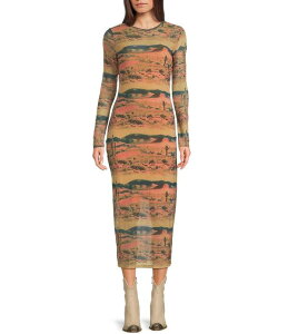 O[ fB[X gbvX s[X vg bV ~fB Lbv P[v WranglerRetroR Desert Landscape Printed Long Sleeve Mesh Midi Dress Mustard }X^[h