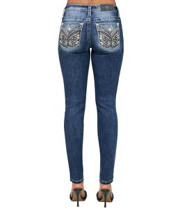 �~�X�~�[ ���f�B�[�X �{�g���X �f�j���p���c �W�[���Y Miss Me Butterfly Pocket Mid Rise Skinny Jeans Dark Blue �u���[