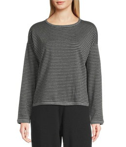 �G�C���[���t�B�b�V���[ ���f�B�[�X �g�b�v�X �V���c �p�C�� Eileen Fisher Striped Brushed Terry Round Neck Long Sleeve Box Top Black/Ash �u���b�N