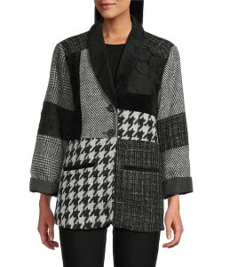�A�� �}�C���X ���f�B�[�X �A�E�^�[ �R�[�g �p�b�`���[�N �W���P�b�g Ali Miles Multi Mixed Media Patchwork Houndstooth Shawl Collar Long Sleeve Button Front jacket Multi �}���`�J���[