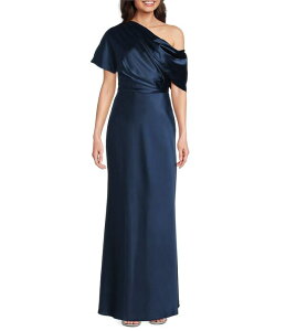 �A���b�N�X�}���[ ���f�B�[�X �g�b�v�X �����s�[�X �v�` �T�e�� �}�L�V Alex Marie Petite Size Nancy Satin One Shoulder Short Sleeve Maxi Gownavy �l�C�r�[
