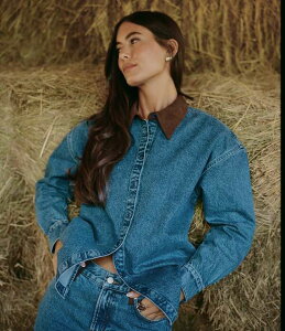 Wrj fB[X gbvX Vc XG[h fj Gianni Bini x Sydney Silverman The Anya Denim Faux Suede Collar Long Sleeve Coordinating Top Medium Wash fj