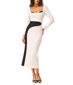 �G���A�b�g ���f�B�[�X �g�b�v�X �����s�[�X �~�f�B ELLIATT Paloma Textured Stretch Sweetheart Square Neck Long Sleeve Midi Dress Black/Ivory �A�C�{���[