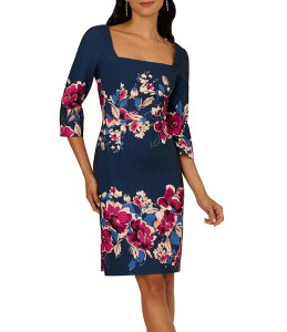 �A�h���A�i �p�y�� ���f�B�[�X �g�b�v�X �����s�[�X �t�����[�� �~�f�B �t�����[ Adrianna Papell Twill Border Floral Square Neck 3/4 Sleeve Sheath Midi Dress Navy Pink Multi �l�C�r�[