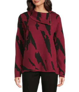�A�� �}�C���X ���f�B�[�X �A�E�^�[ �j�b�g�E�Z�[�^�[ Ali Miles Jacquard Knit Abstract Stripe Split Cowl Zipper Neck Long Sleeve Pop-Over Sweater Cranberry �X�g���C�v
