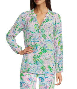 �����[�s�����b�c�@�[ ���f�B�[�X �g�b�v�X �V���c �v�����g �V���N Lilly Pulitzer Elsa Sunny Dee Tropical Print Silk Notch Collar Bracelet Sleeve Shirt Conch Shell