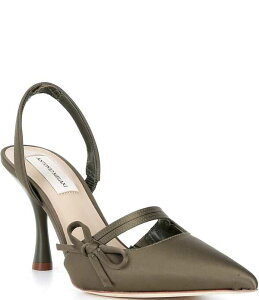 �A���g�j�I �����[�j ���f�B�[�X �V���[�Y �q�[�� �T�e�� Antonio Melani Pomona Satin Bow Slingback Pumps Olive Leaf Green �O���[��