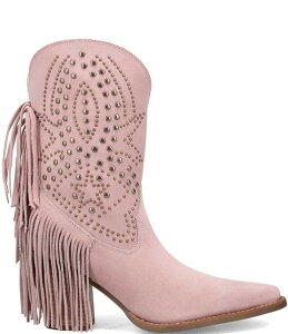 �f�B���S ���f�B�[�X �V���[�Y �u�[�c�E���C���u�[�c �X�G�[�h �t�����W Dingo Star Power Studded Suede Fringe Mid Calf Western Boots Pink �s���N