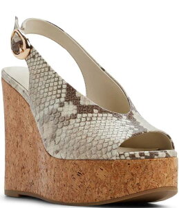 �A���h ���f�B�[�X �V���[�Y �T���_�� �v���b�g�t�H�[�� ALDO Tatianah Snakembossed Slingback Platform Wedge Sandals Brown Multi �u���E��