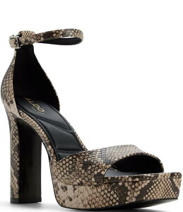 �A���h ���f�B�[�X �V���[�Y �T���_�� �v���b�g�t�H�[�� �A���N�� �q�[�� ALDO Eleonia Snakembossed Ankle Straplatform Block Heel Sandals Brown �u���E��