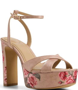 �A���h ���f�B�[�X �V���[�Y �T���_�� �v���b�g�t�H�[�� �v�����g �T�e�� �q�[�� ALDO Rosine Satin Rose Print Block Heel Platform Dressandals Beige Combo �x�[�W��