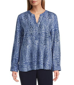 �C���x�X�g�����c ���f�B�[�X �g�b�v�X �V���c �u���E�X Investments Nora Mazarine Scrollong Sleeve Y-Neck Drapey Twill Blouse Mazarine Scroll