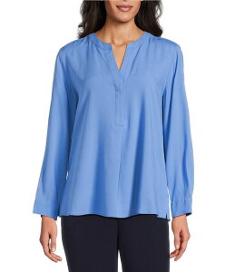 �C���x�X�g�����c ���f�B�[�X �g�b�v�X �V���c �v�` �u���E�X Investments Petite Size Nora Long Sleeve Y-Neck Drapey Twill Blouse Marina Blue �u���[