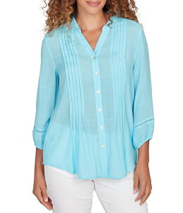 ���r�[�A�[���f�B�[ ���f�B�[�X �g�b�v�X �V���c V�l�b�N �V���N Ruby Rd. Silky Slub Woven Split V-Neck 3/4 Sleeve Button Frontop Aruba Blue �u���[