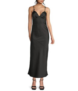 �~�b�h�i�C�g �h�[�� ���f�B�[�X �g�b�v�X �����s�[�X V�l�b�N �T�e�� �}�L�V Midnight Doll Satin V-Neck Bow-Accented Maxi Dress Black �u���b�N