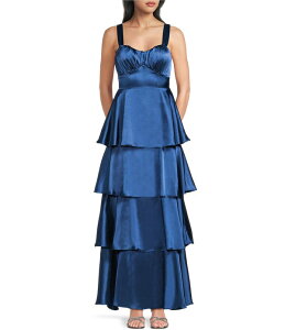 �~�b�h�i�C�g �h�[�� ���f�B�[�X �g�b�v�X �����s�[�X �e�B�A�[�h �t���� �T�e�� Midnight Doll Satin Sweetheart Neck Tiered Ruffle Long Dress Denim �f�j��