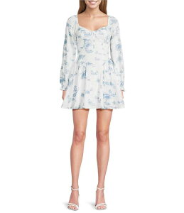�~�b�h�i�C�g �h�[�� ���f�B�[�X �g�b�v�X �����s�[�X �v�����g Midnight Doll Poplin Toile Printed Sweetheart Neck Long Sleeve Dress Ivory/Blue �A�C�{���[