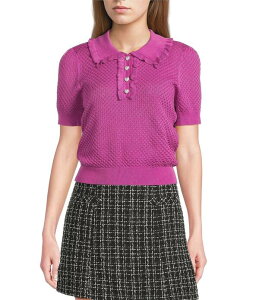 I.N.�T���t�����V�X�R ���f�B�[�X �A�E�^�[ �j�b�g�E�Z�[�^�[ �t���� I.N. San Francisco Ruffle Collared Short Sleeve Sweater Top Orchid