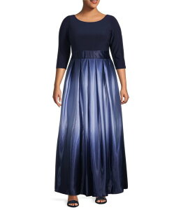 �C�O�i�C�g ���f�B�[�X �g�b�v�X �����s�[�X �v���X�T�C�Y �T�e�� Ignitevenings Plusize 3/4 Sleeve Round Neck Ribbon Beltedetail Ombre Satin Ball Gownavy/Wedgewood �l�C�r�[