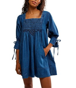 �t���[�s�[�v�� ���f�B�[�X �g�b�v�X �����s�[�X �~�j �f�j�� Free People Sonora Square Neck Long Sleeve Denim Baby Doll Mini Dress Midnight Rinse �f�j��