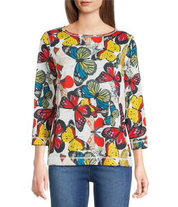 �A�� �}�C���X ���f�B�[�X �g�b�v�X �J�b�g�\�[ �v�` Ali Miles Petite Size All-Over Butterfly Round Neck 3/4 Sleeve Tunic Multi Animal �}���`�J���[