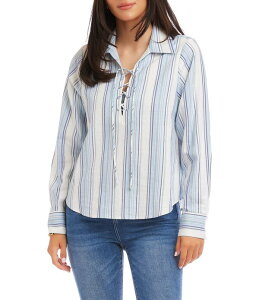 �J�����P�[�� ���f�B�[�X �g�b�v�X �V���c �v�` ���[�X ���l�� Karen Kane Petite Size Linen-Blend Striped Collared Long Sleeve Lace-Up Top Stripe �X�g���C�v