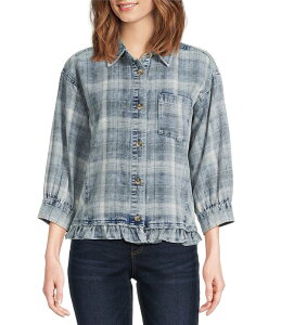 �A�� �}�C���X ���f�B�[�X �g�b�v�X �V���c �t���� Ali Miles Yarn-Dyed Plaid Point Collar 3/4 Cuff Sleeve Ruffled Hem Button Front Shirt Light Denim �f�j��