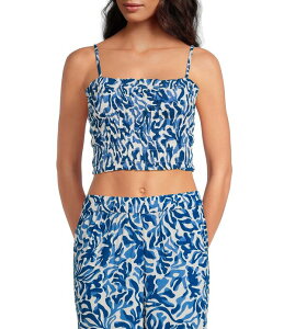 �G���� ���f�B�[�X �g�b�v�X �V���c �v�����g �m�[�X���[�u �V���[�����O ELAN Coordinating Printed Sleevelessmocked Crop Top Blue Coralina �u���[
