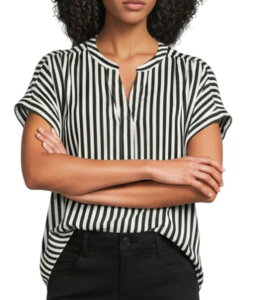 �M�u�\���A���h���e�B�}�[ ���f�B�[�X �g�b�v�X �V���c �T�e�� �u���E�X Gibson & Latimer Satin Stripe Moonshadow Split Round Neck Dropped Short Roll Tab Sleeve Hi-Low Shirttail Blouse Black/White �z���C�g