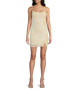 �~�b�h�i�C�g �h�[�� ���f�B�[�X �g�b�v�X �����s�[�X �T�C�h�X���b�g �X�p���R�[�� Midnight Doll Sequin Patterned Scoop Neck Bodycon Side Slit Dress Pale Yellow �C�G���[