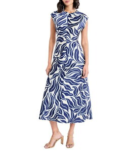 �}�M�[�����h�� ���f�B�[�X �g�b�v�X �����s�[�X �v�����g �~�f�B �L���b�v Maggy London Charmeuse Leaf Print Cap Sleeve Midi Dress Cream/Navy �N���[��