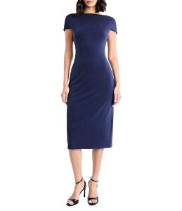 �}�M�[�����h�� ���f�B�[�X �g�b�v�X �����s�[�X �~�f�B �L���b�v �j�b�g Maggy London Opulent Knit Boat Neck Cap Sleeve Sheath Midi Dress Evening Blue �u���[