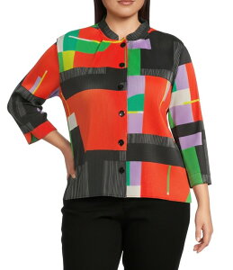 �A�� �}�C���X ���f�B�[�X �g�b�v�X �V���c �v���X�T�C�Y �v���[�c �v�����g Ali Miles Plusize Crinkle Pleated Textured Geo Multi Print Stand Collar 3/4 Sleeve Button Front Shirt Geo Multi �}���`�J���[