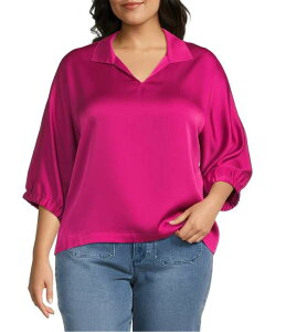 �W���� �}�[�N ���f�B�[�X �g�b�v�X �V���c V�l�b�N �v���X�T�C�Y �T�e�� John Mark Plusize Hammered Satin Collared Split V-Neck Short Sleeve Top Raspberry Rose