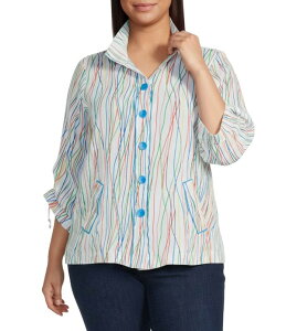 �A�� �}�C���X ���f�B�[�X �g�b�v�X �V���c �v���X�T�C�Y Ali Miles Plusize Woven Multi Stripe Point Collar 3/4 Cinched Tie Sleeve Button Frontunic Multi �}���`�J���[