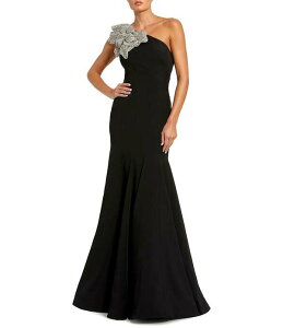 �}�b�N�_�K�� ���f�B�[�X �g�b�v�X �����s�[�X �N���[�v �t�����[�� �v�` �t�����[ Mac Duggal Petite Size One Shoulder 3D Rhinestone Floral Applique Seamed Crepe Mermaid Gown Black �u���b�N