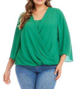 �J�����P�[�� ���f�B�[�X �g�b�v�X �V���c V�l�b�N �v���X�T�C�Y Karen Kane Plusize Crossover V-Neck 3/4 Flare Sleeve Top Kelly Green �O���[��