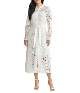 �~���E�H�� ���f�B�[�X �g�b�v�X �����s�[�X �~�f�B ���[�X Ming Wang Lace Mandarin Collar Long Sleeve Tie Waist Midi Dress White �z���C�g