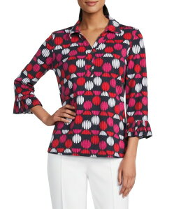 �}���`�v���Y ���f�B�[�X �g�b�v�X �V���c V�l�b�N �v�����g �j�b�g �W���[�W�[ Multipleslub Jersey Knit Dot Print Collared V-Neck 3/4 Sleeve Top Dot Multi �}���`�J���[