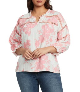 �A�� �}�C���X ���f�B�[�X �g�b�v�X �V���c V�l�b�N �v���X�T�C�Y �v�����g Ali Miles Plusize Woven Leaf Print Split V-Neck 3/4 Sleeve Tunic Multi Pink �s���N