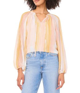 ���B���X�J���[�g ���f�B�[�X �g�b�v�X �V���c V�l�b�N �v�����g Vince Camuto Woven Stripe Print V-Neck Long Sleeve Tie Neck Top New Ivory �A�C�{���[