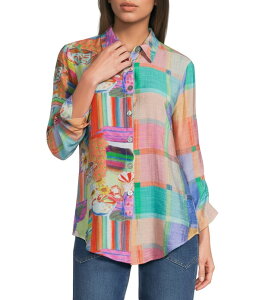 �A�� �}�C���X ���f�B�[�X �g�b�v�X �V���c �v�����g Ali Miles Woven Multi Square Print Point Collar 3/4 Cinched Sleeve Tie Frontunic Square Multi �}���`�J���[