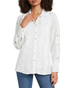 �A�� �}�C���X ���f�B�[�X �g�b�v�X �V���c �t�����[�� ���[�X �t�����[ Ali Miles Woven Floralace Point Collar Long Sleeve Woven Layer Tank Button Frontunic White �z���C�g