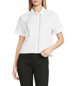 �J�[�� ���K�[�t�F���h ���f�B�[�X �g�b�v�X �V���c KARLAGERFELD PARIS Poplin Woven Tape Measure Point Collar Short Sleeve Shirt White �z���C�g