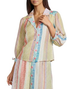 �����f�C ���f�B�[�X �g�b�v�X �V���c �v�����g �p�b�`���[�N Melloday Coordinating Patchwork Print Organza Notched Spread Collar 3/4 Sleeve Boxy Button Frontop Multi �}���`�J���[