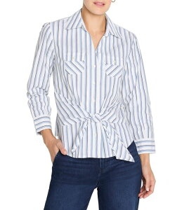 �j�b�N�A���h�]�[ ���f�B�[�X �g�b�v�X �V���c V�l�b�N NIC + ZOE Striped Iconic Tie Front V-Neck Shirt Collar 3/4 Sleeve Shirt Indigo Multi �C���f�B�S