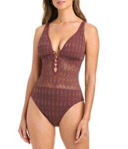 �u���[���b�h�r�[�e�B ���f�B�[�X �g�b�v�X �����s�[�X Bleu Rod Beattie Sunkissed Plunge Crochet One Piece Swimsuit Coffee �R�[�q�[