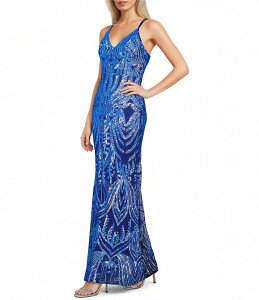 �~�b�h�i�C�g �h�[�� ���f�B�[�X �g�b�v�X �����s�[�X V�l�b�N ���b�V�� �X�p���R�[�� Midnight Doll Sequin Patterned Mesh V-Neck Dress Royal Multi �}���`�J���[
