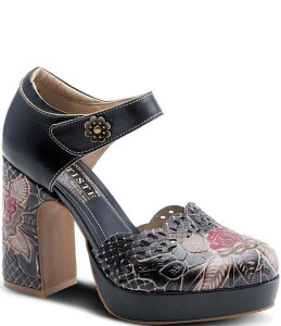 �y���������z �����e�B�X�e ���f�B�[�X �p���v�X �V���[�Y Debbihary Rose Embossed Cut Out Leather Block Heel Platform Mary Janes Black Multi