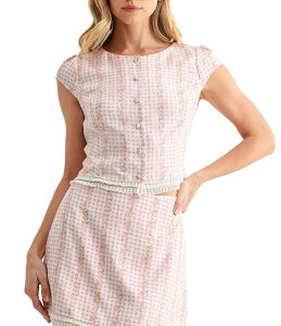 �I�[���C���t�{�[�� ���f�B�[�X �g�b�v�X �V���c �{�^���_�E�� �L���b�v ���[�X All in Favor Woven Cap Sleeve Button Down Lace Hem Top Cream Pink �N���[��